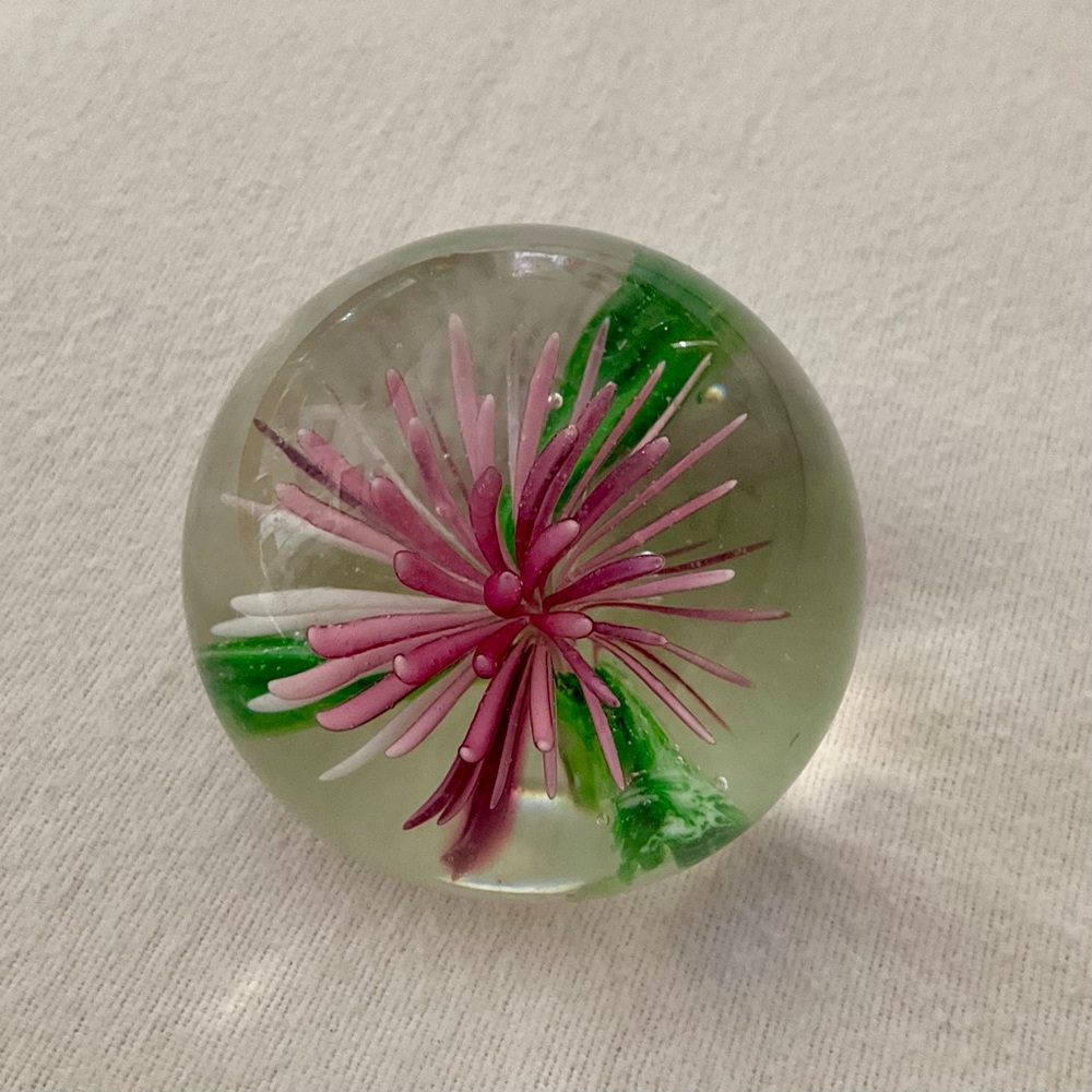 Vintage Blown Glass Globe Paperweight with Flat Bottom with Pink & Purple Flower